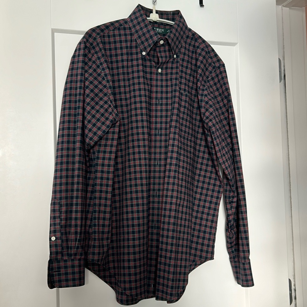 Lauren Ralph Lauren non-iron cotton button down in classic navy/red/forest plaid